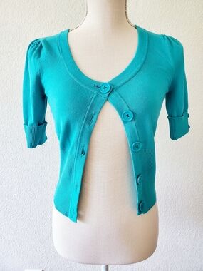 Takeout Teal Button-Front Short Sleeve Cardigan